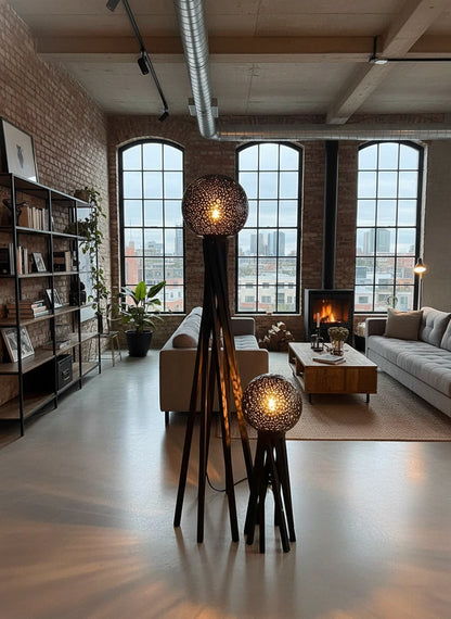 Lampy Ursa Major i Minor w wersji czarnej w industrialnym salonie loftowym z ceglaną ścianą i kominkiem